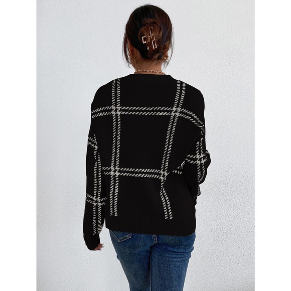 Plaid Pattern Drop Shoulder Sweater grid minimalist black white - Picture 2 of 9
